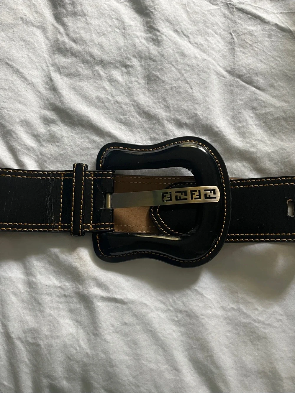 Fendi Black Patent Leather Belt with Branded Silver-Tone Buckle